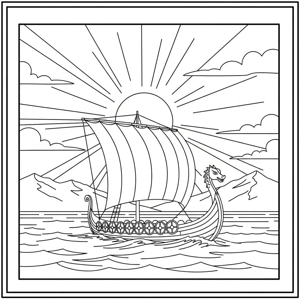 Vikingskip ved solnedgang fargelegging