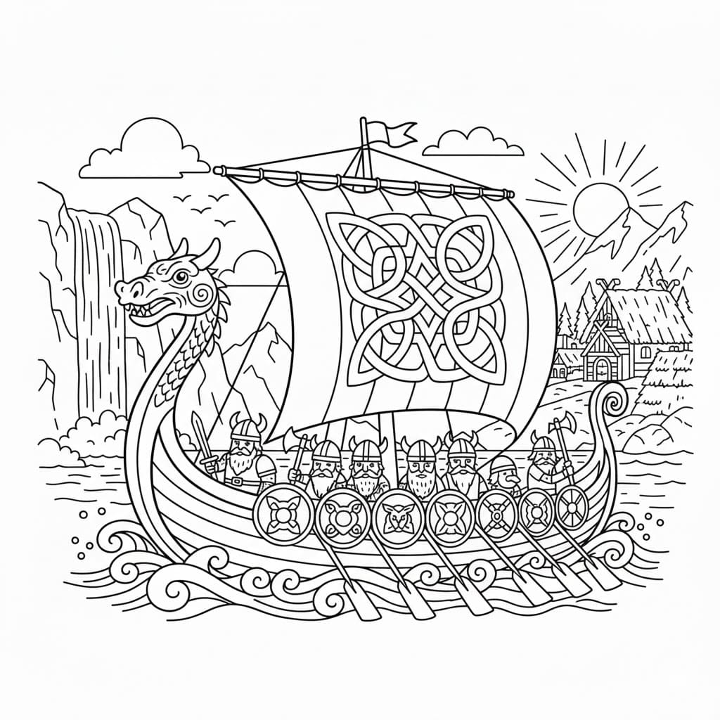 Vikingskip ved soloppgang fargelegging