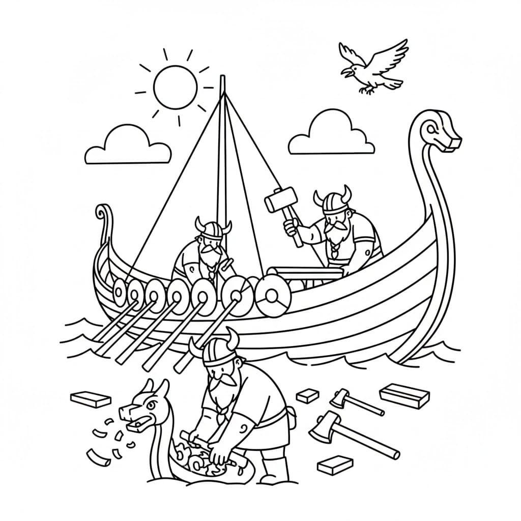 Vikingskipsbygging fargelegging