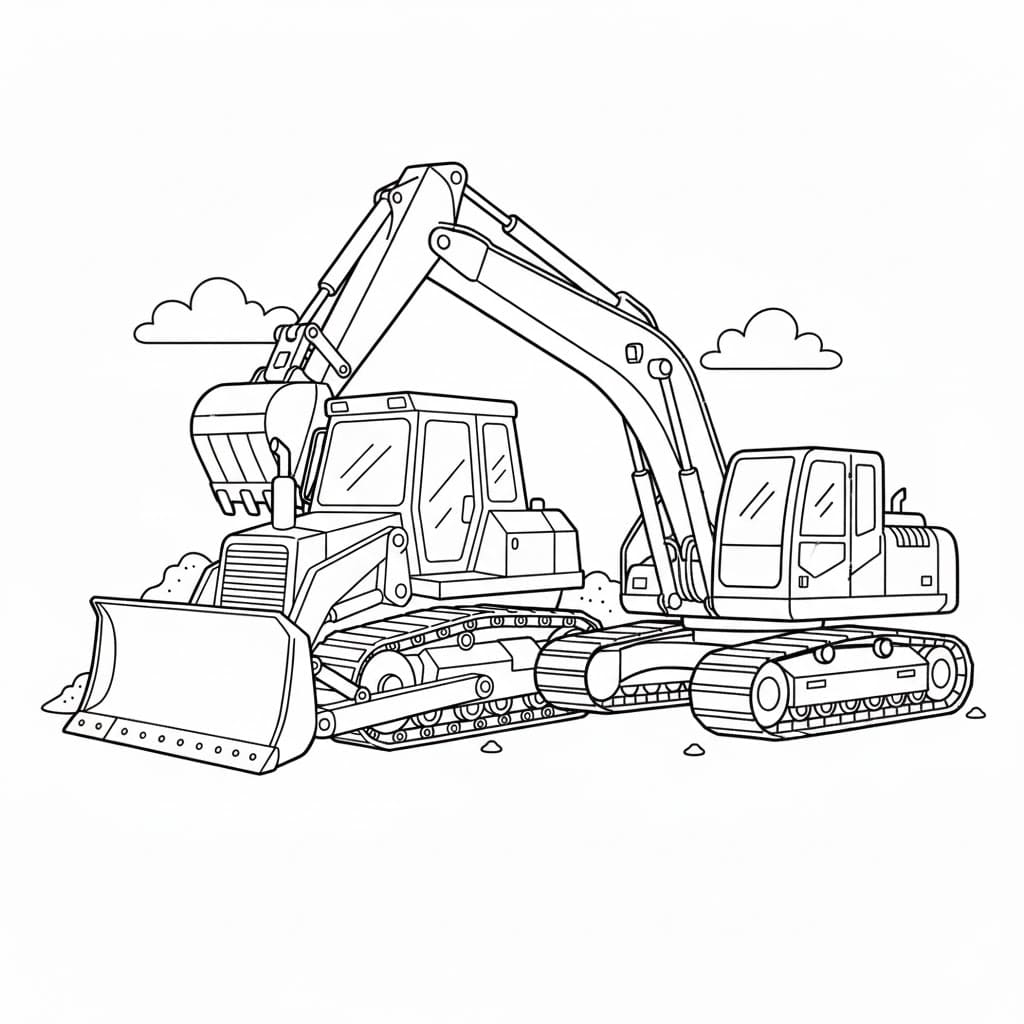 Bulldoser og gravemaskin fargelegging