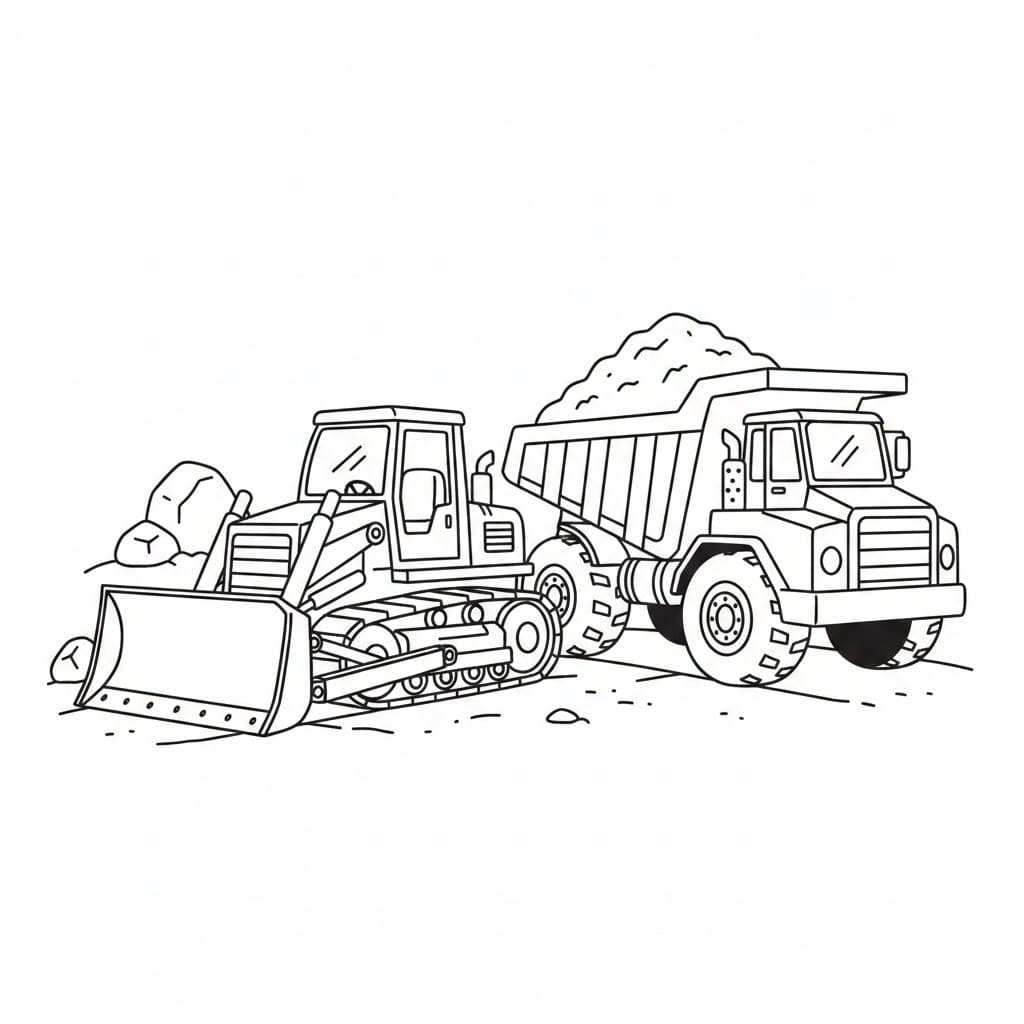 Bulldoser og lastebil fargelegging