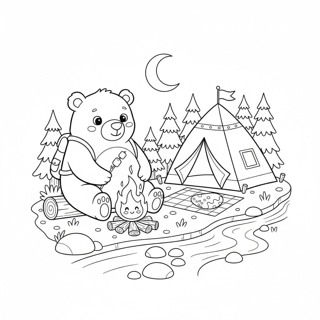 Camping med bjørnevenn fargelegging