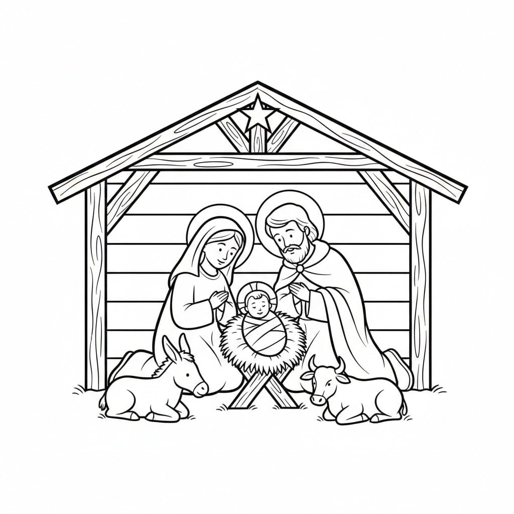 Julekrybbe Den hellige familie fargelegging