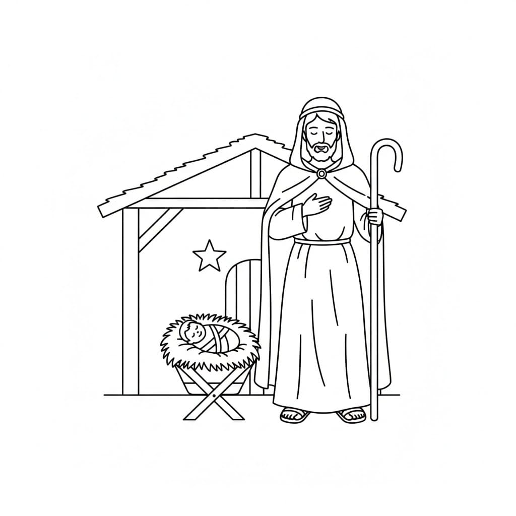 Julekrybbe Josef ser på fargelegging