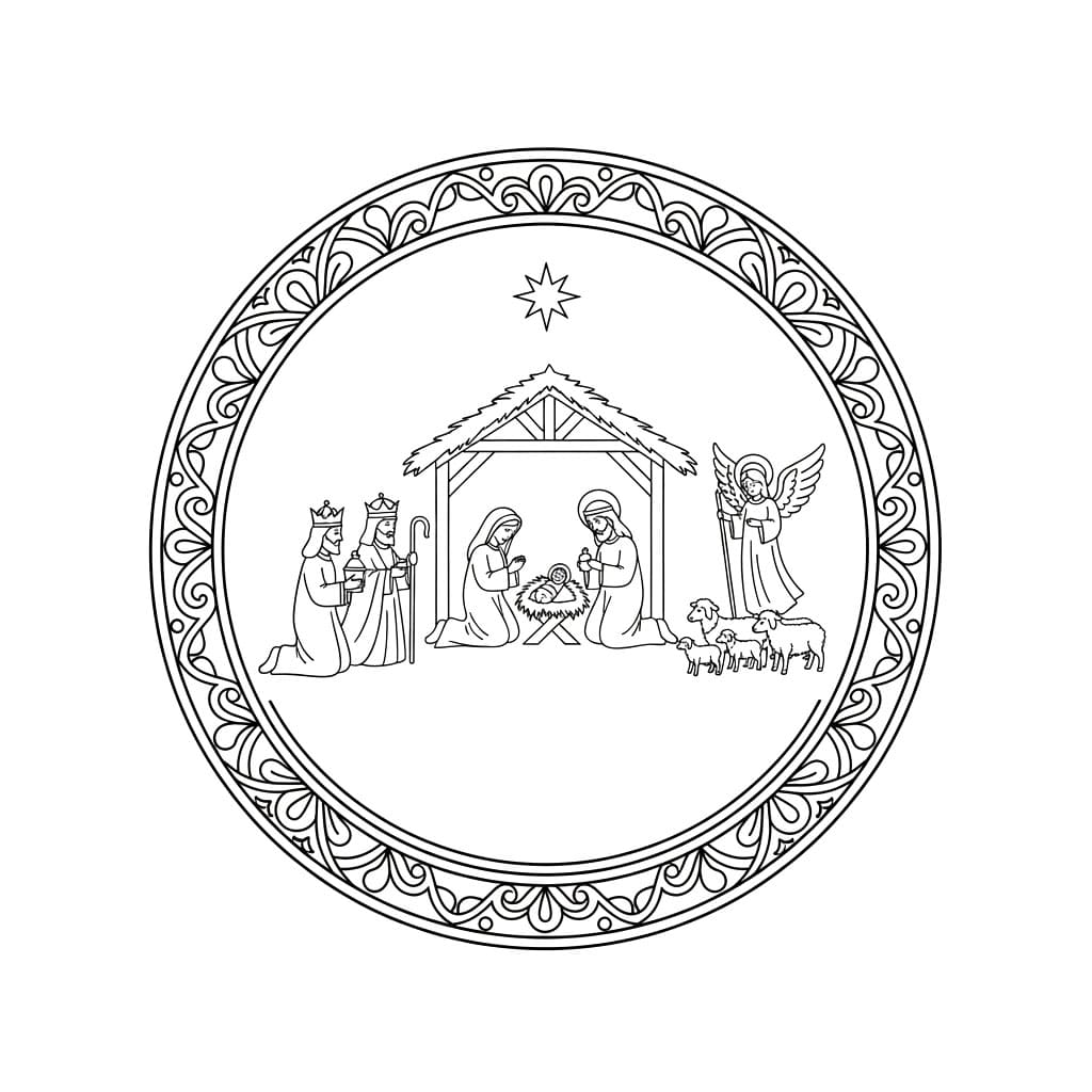 Julekrybbe rund ramme fargelegging