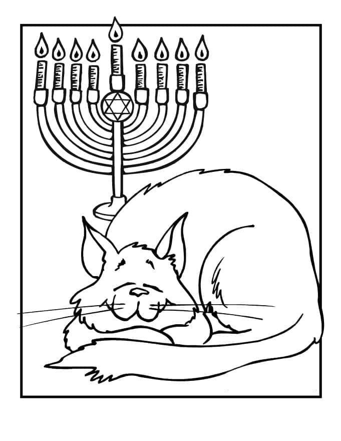 Katt og Hanukkah Menorah fargelegging