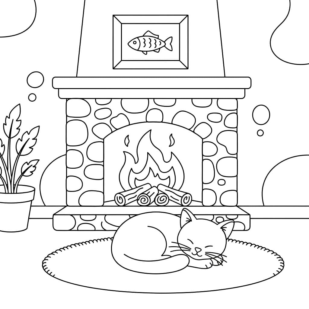 Katt ved peisen fargelegging