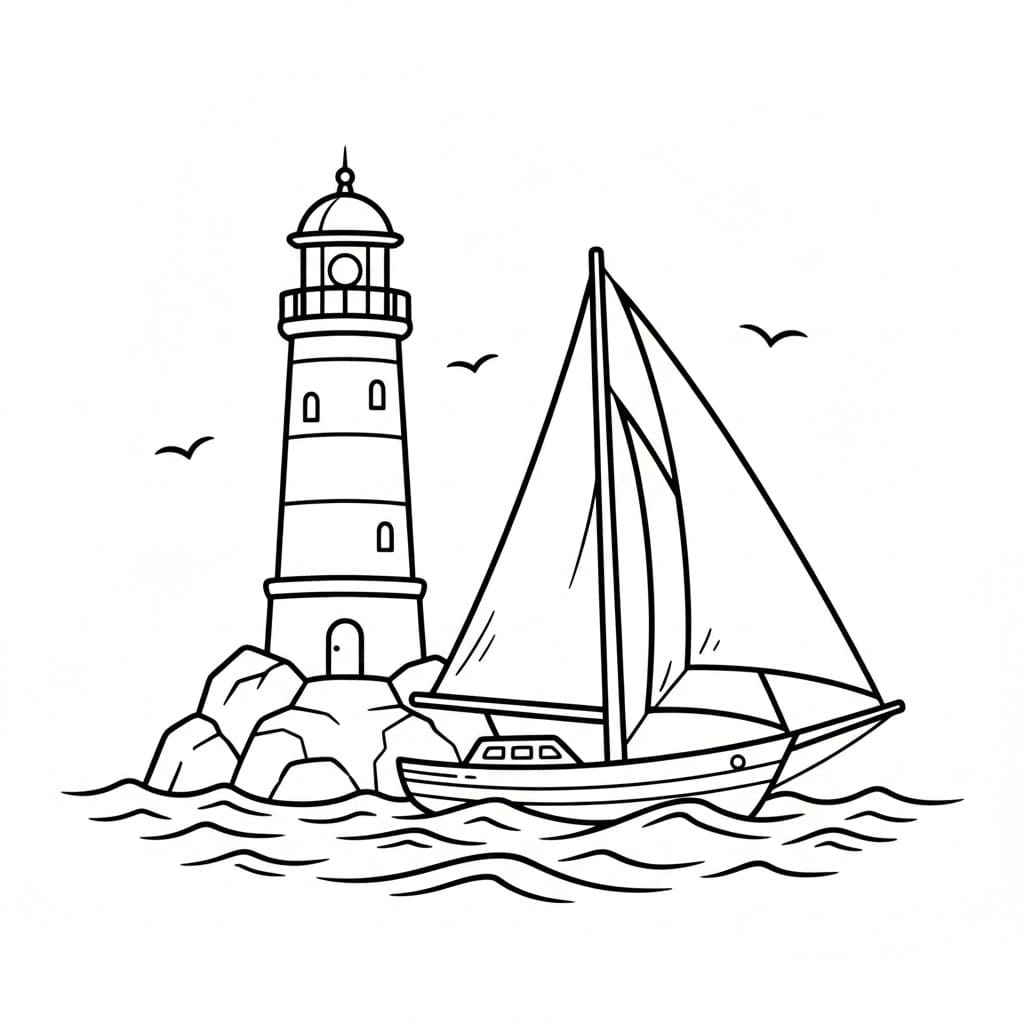 Liten seilbåt ved fyret fargelegging