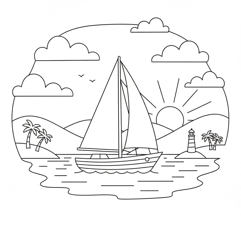 Seilbåt i vakker bukt fargelegging