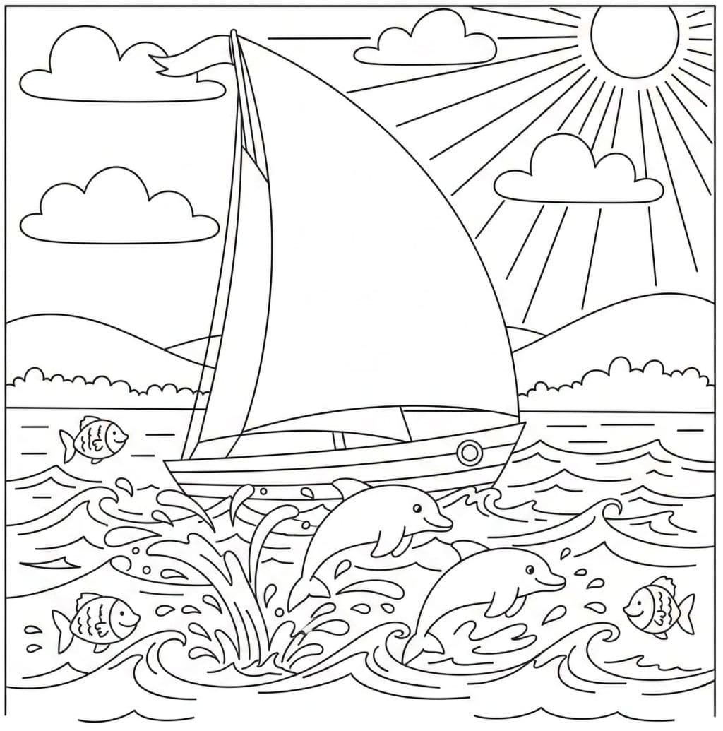 Seilbåt med delfiner fargelegging