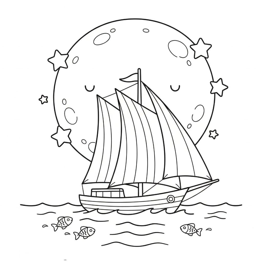 Seilbåt under den store månen fargelegging