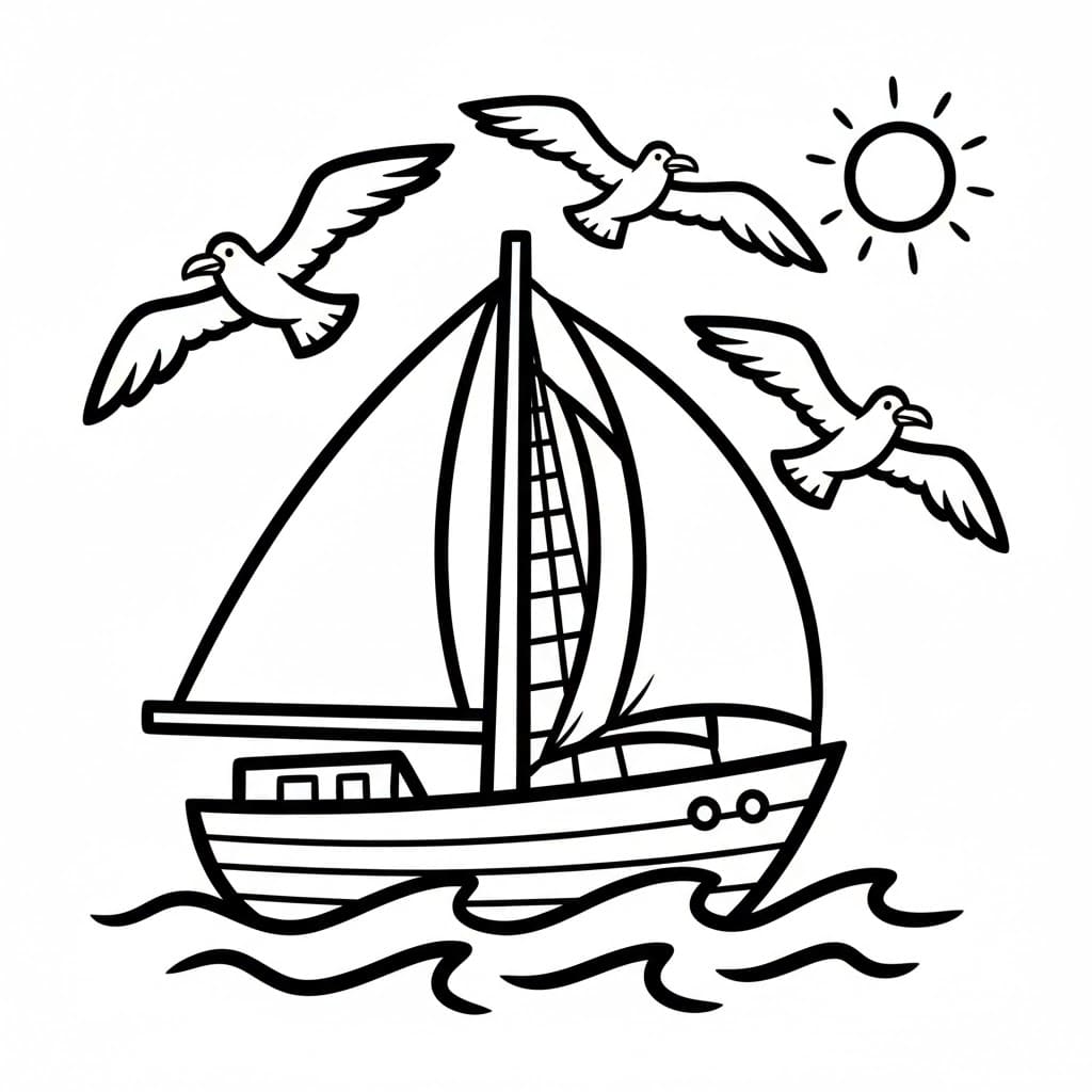 Seilbåter og måker fargelegging