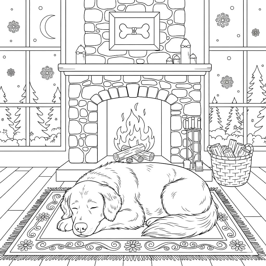 Sovende hund ved peisen fargelegging