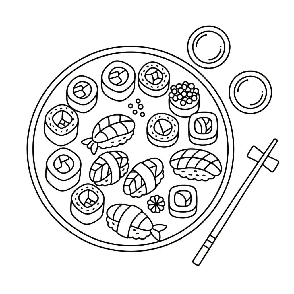 Sushi sett ovenfra fargelegging