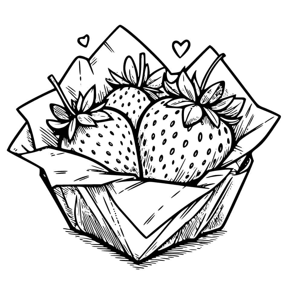 Tre jordbær i innpakningspapir fargelegging