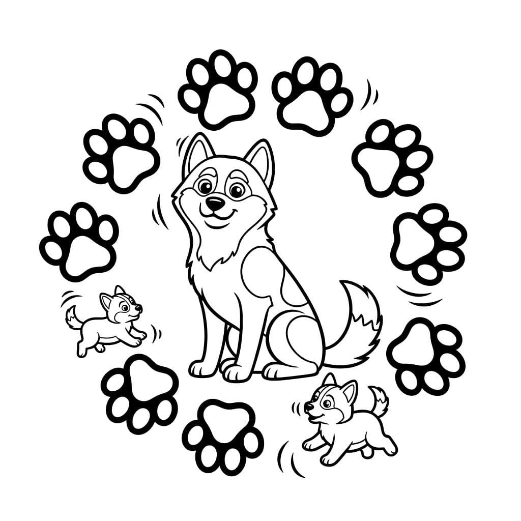 Husky og poteavtrykk fargelegging