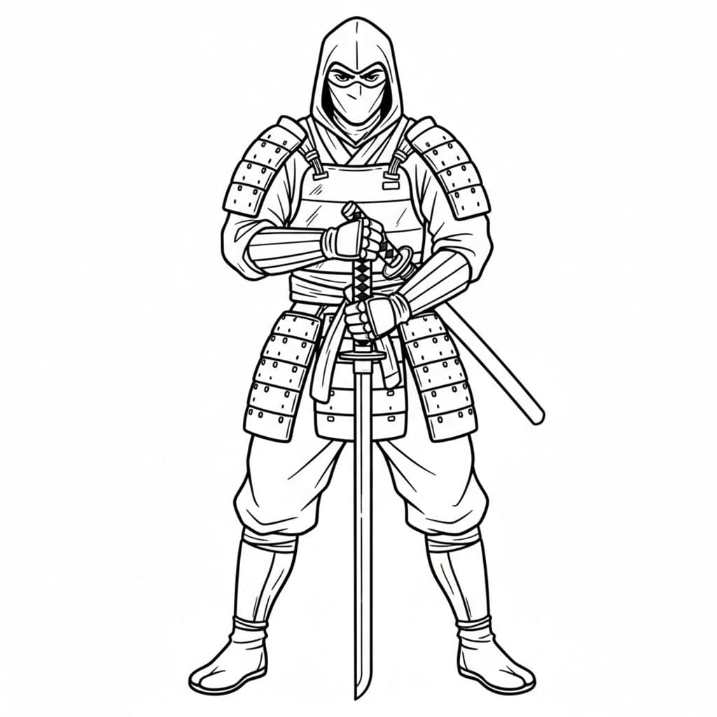 Ninja med sverd ned fargelegging