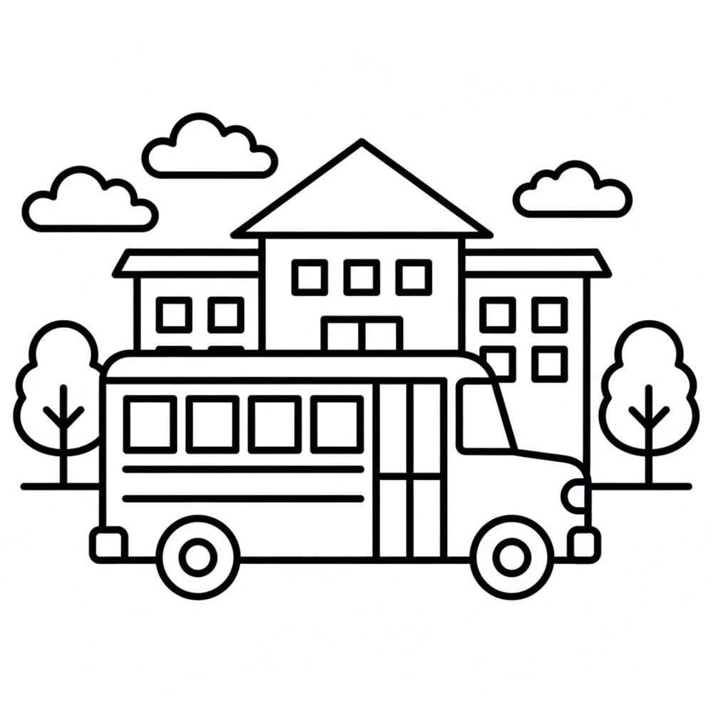 Skolebuss foran skolen fargelegging