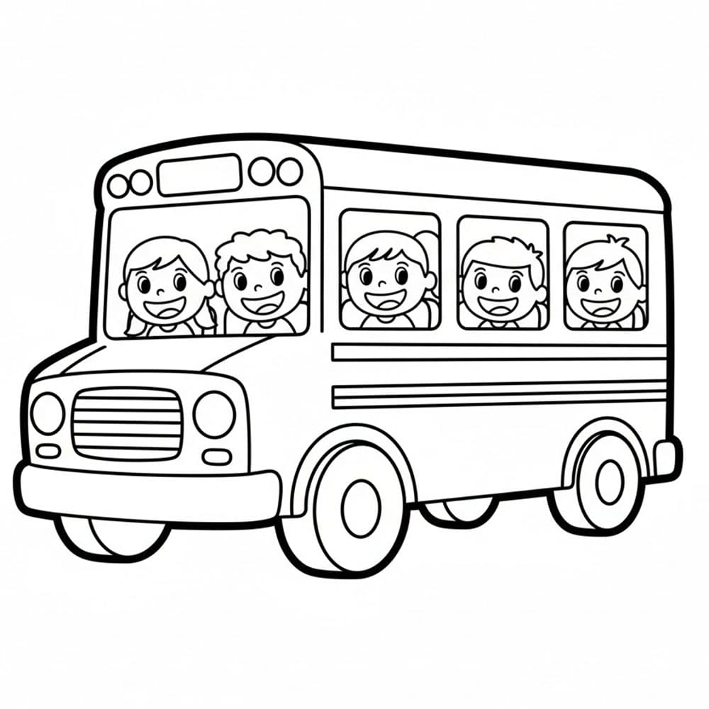 Skolebuss med glade barn inni fargelegging