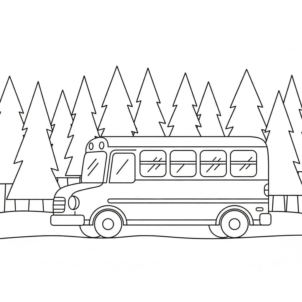 Skolebuss og trær fargelegging