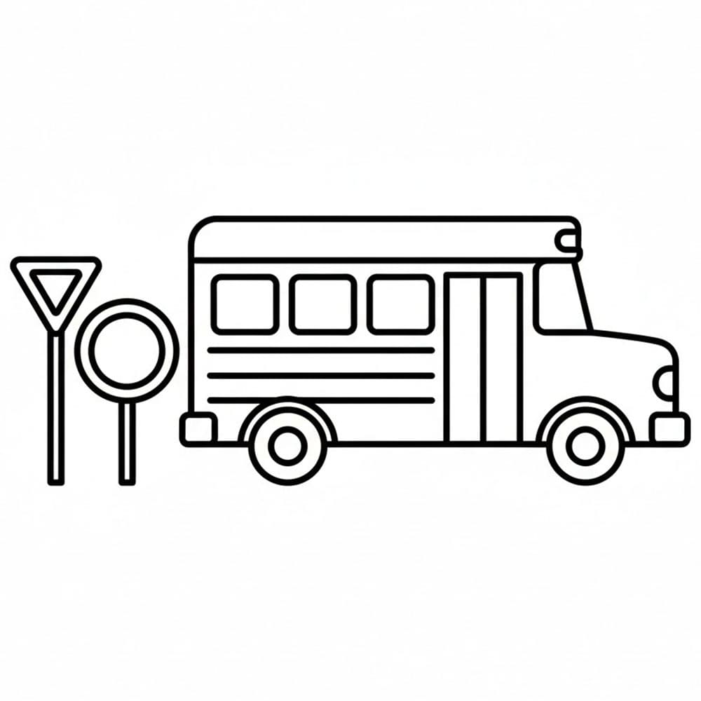 Skolebuss og trafikkskilt fargelegging