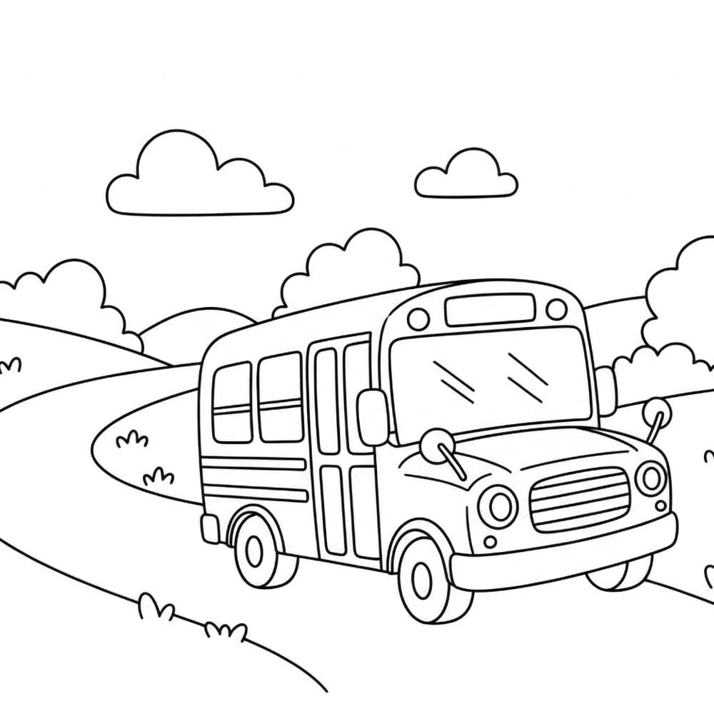 Skolebuss på svingete vei fargelegging