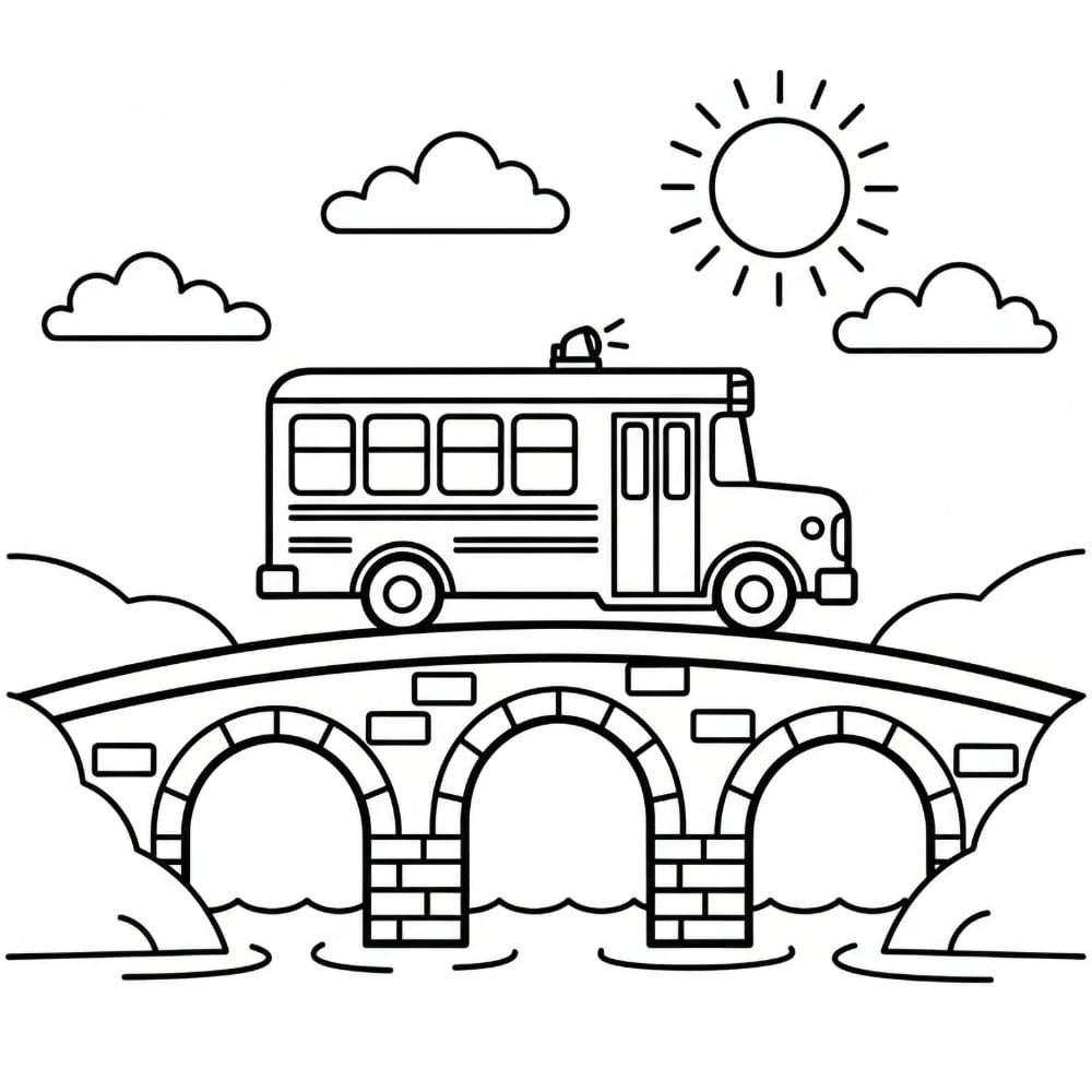 Skolebuss som krysser broen fargelegging