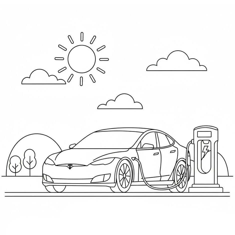 Tesla ved ladestasjonen fargelegging