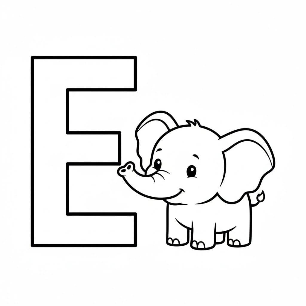 Bokstaven E er for Elefant fargelegging