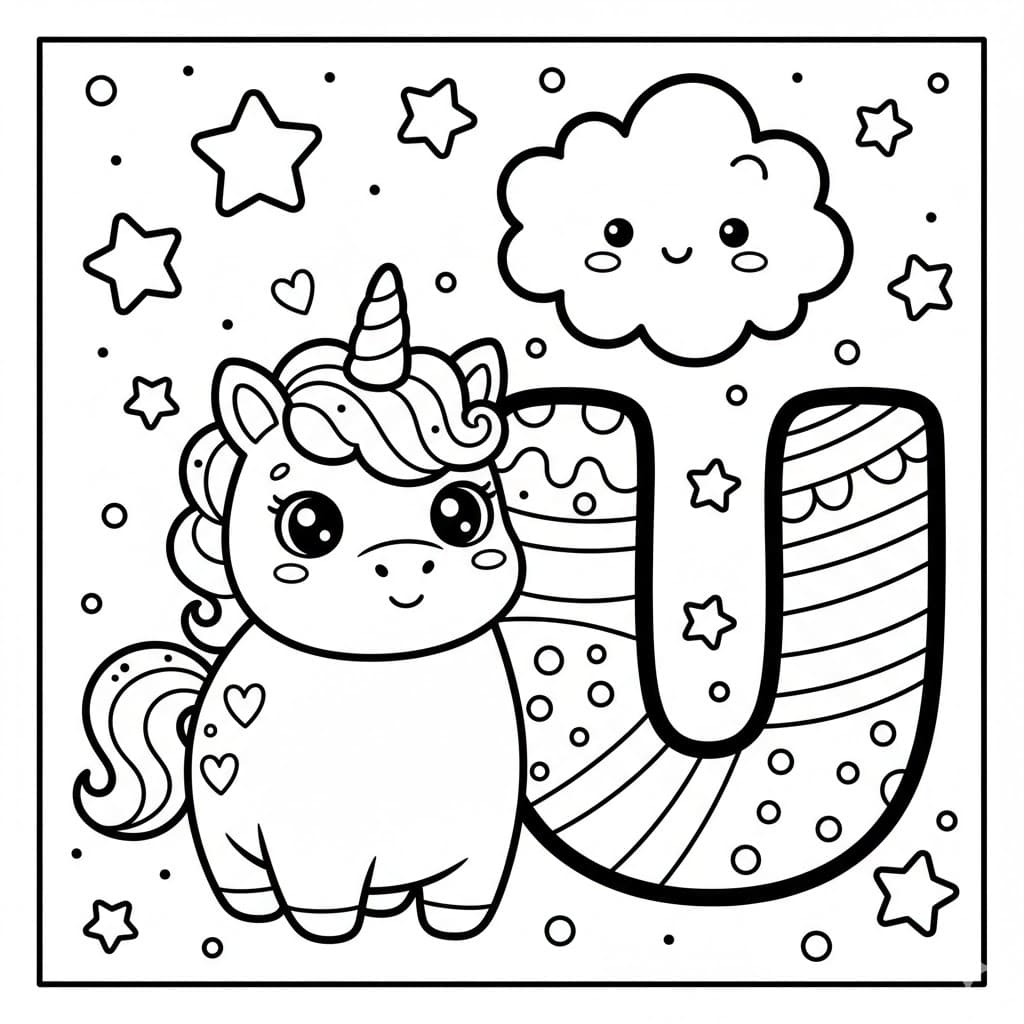 Bokstaven U er for Enhjørning fargelegging