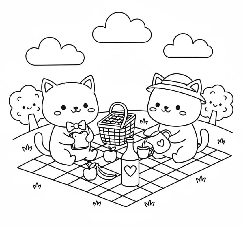 Katter på piknik fargelegging