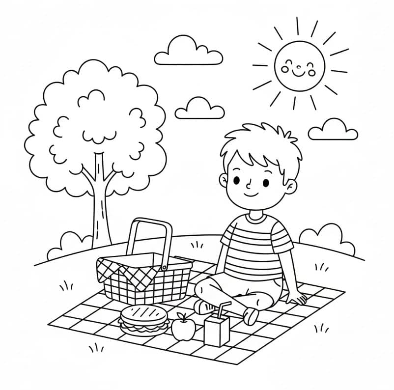 Liten gutt på piknik fargelegging