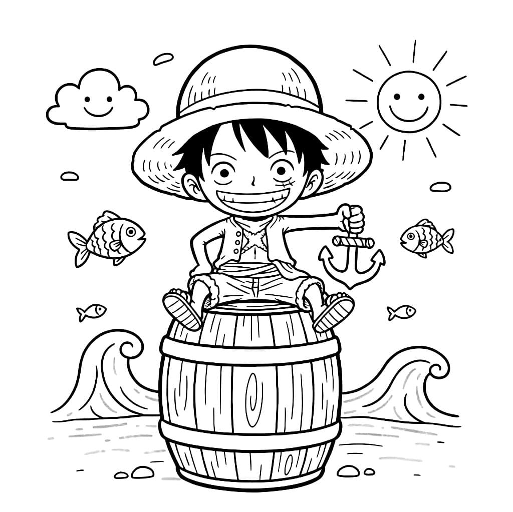 Luffy sitter på tønne fargelegging
