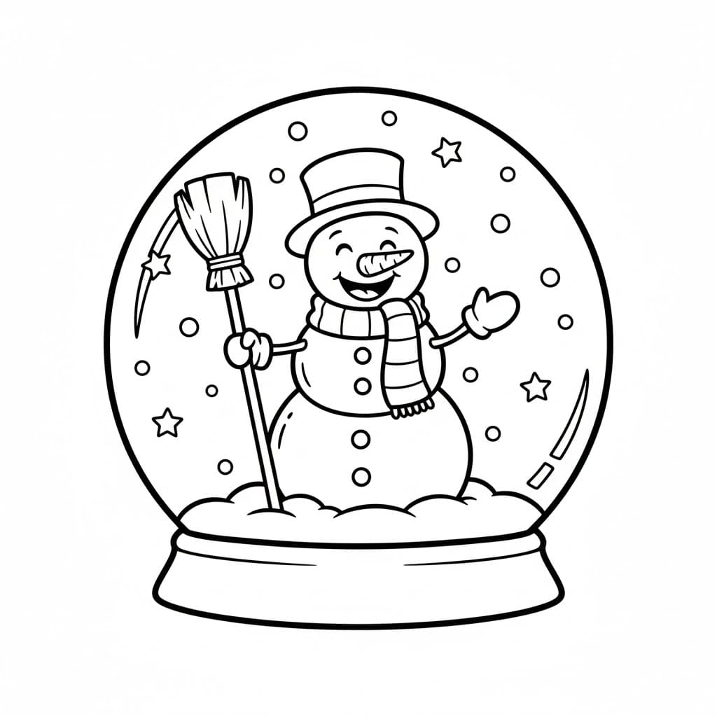 Snøkule med snømann og kost fargelegging