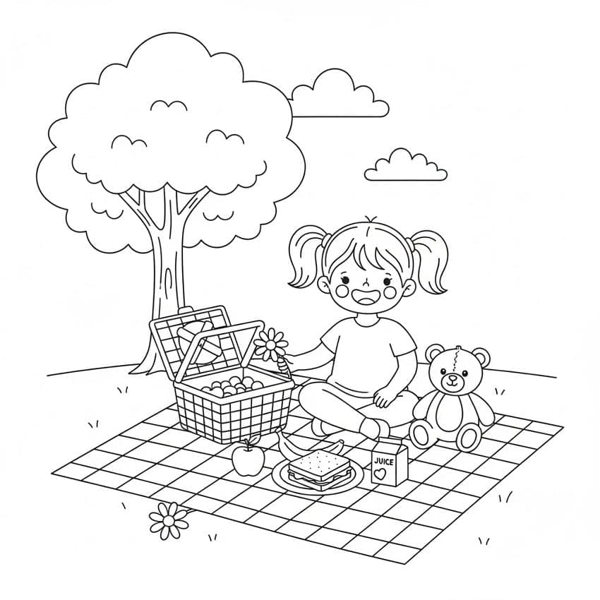 Søt jente på piknik fargelegging