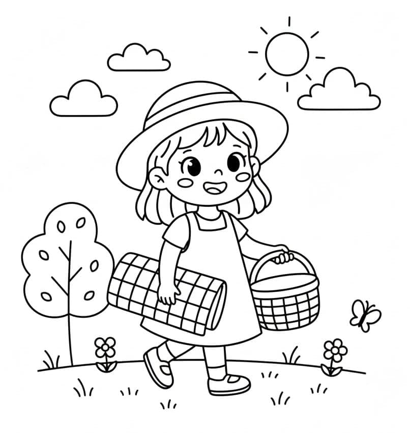 Søt jente som går på piknik fargelegging
