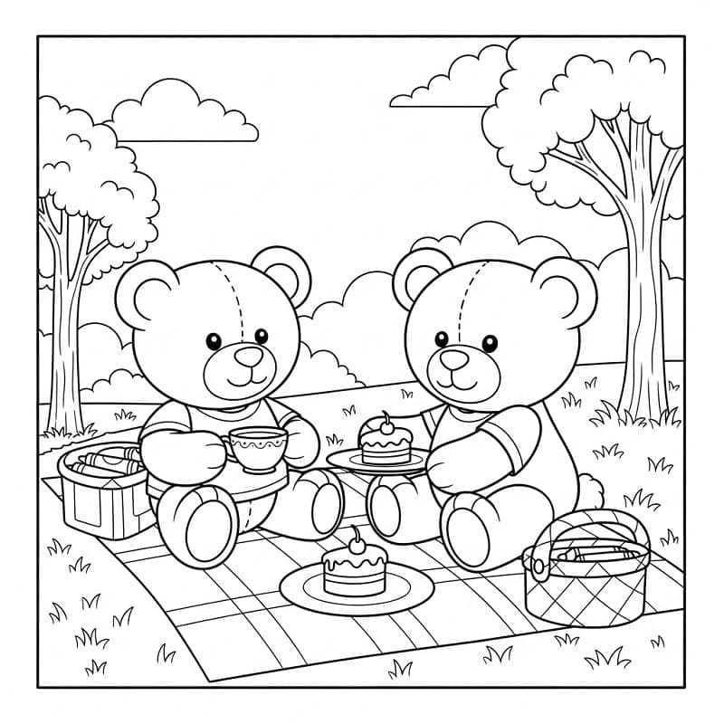 Søte teddybjørner på piknik fargelegging
