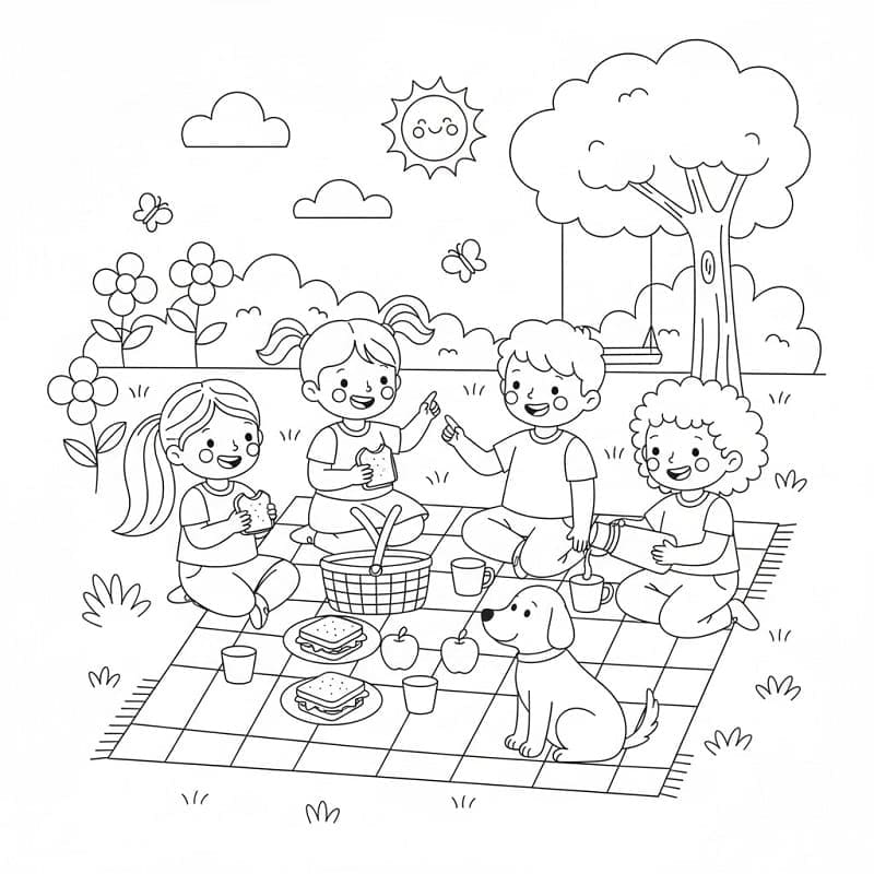 Søte venner på piknik fargelegging