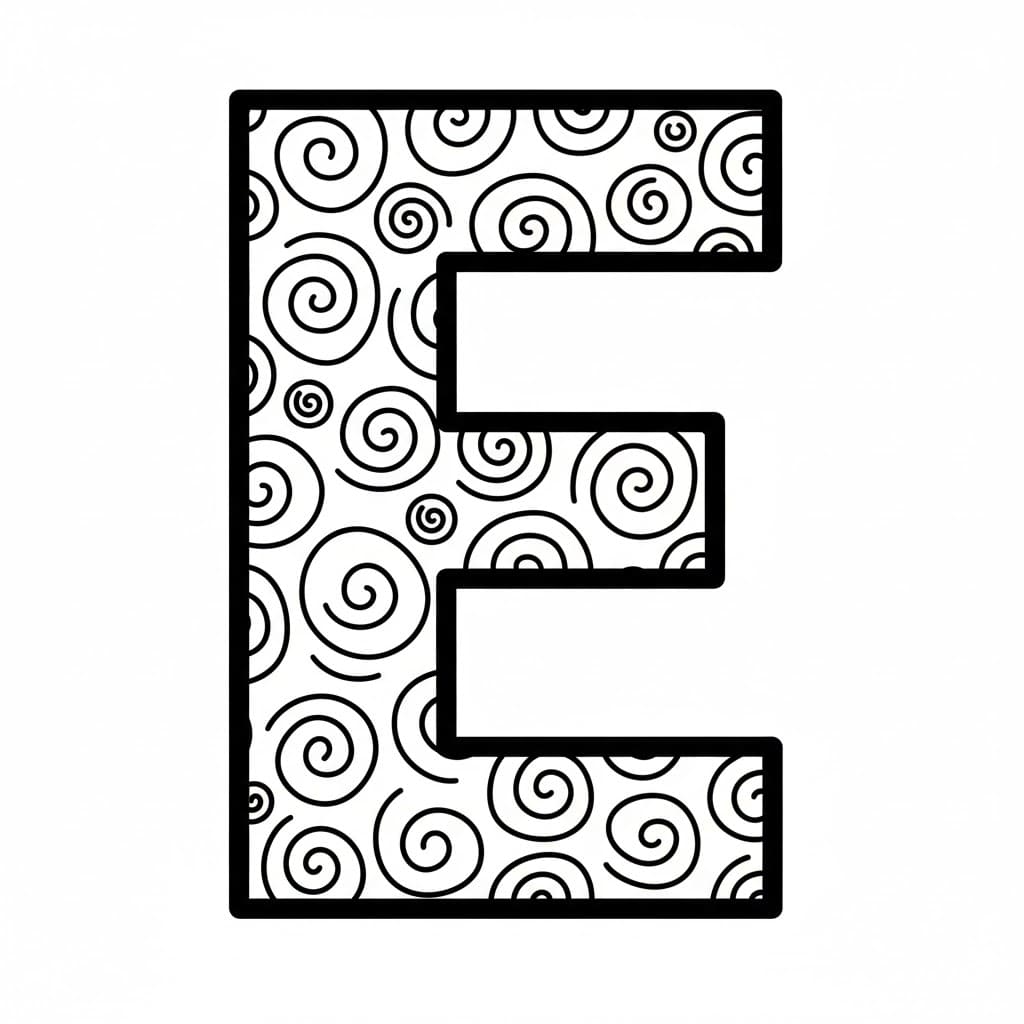 Bokstaven E med spiralmønster fargelegging