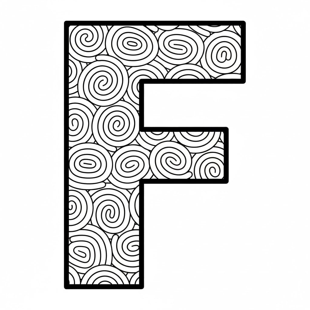 Bokstaven F med spiralmønster fargelegging