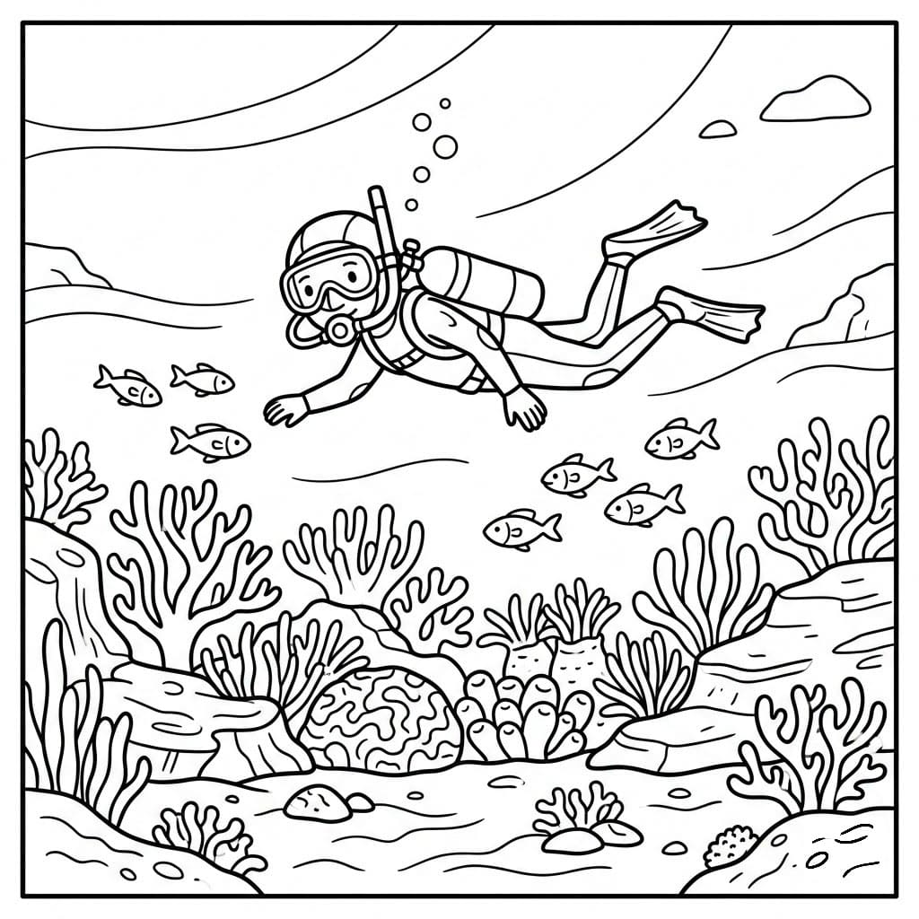 Dykker og korallrev fargelegging