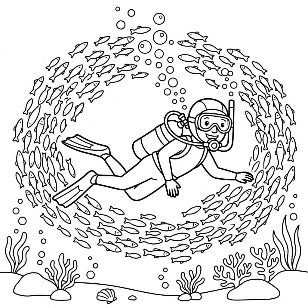 Dykking med fiskestim fargelegging