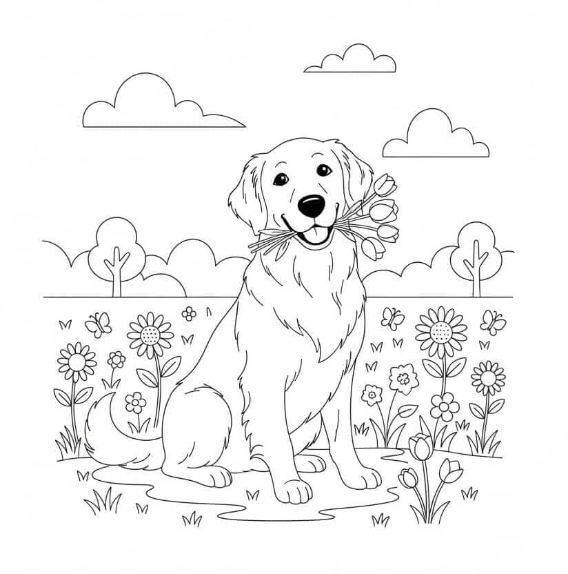 Golden Retriever med blomster fargelegging