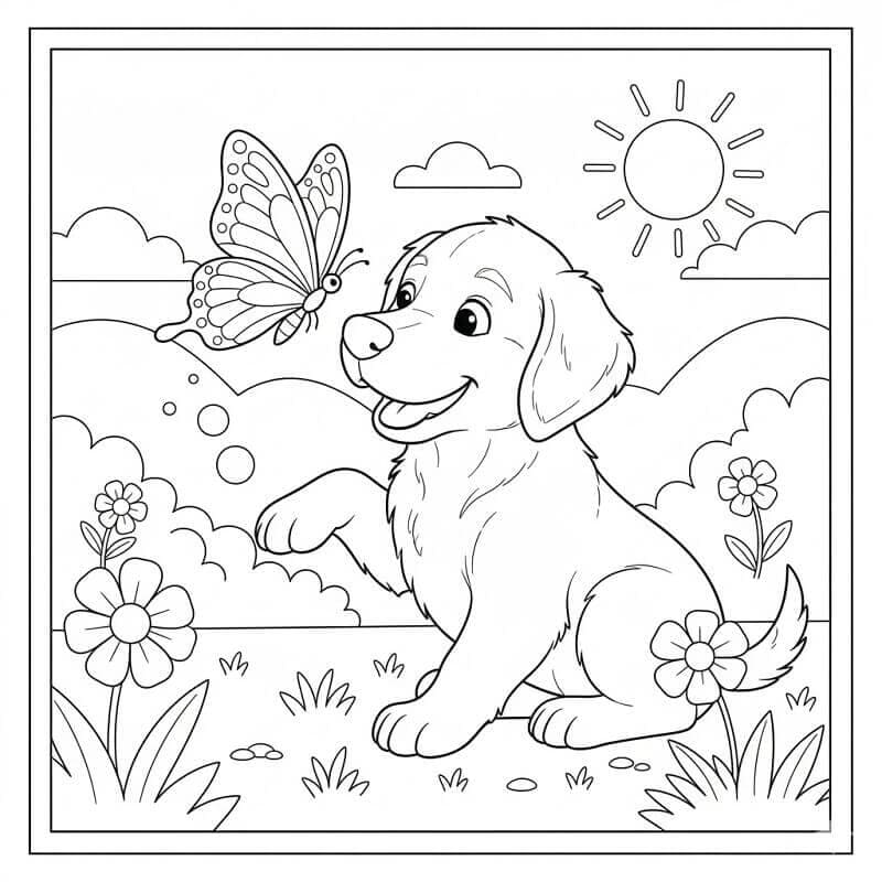 Golden Retriever og sommerfugl fargelegging