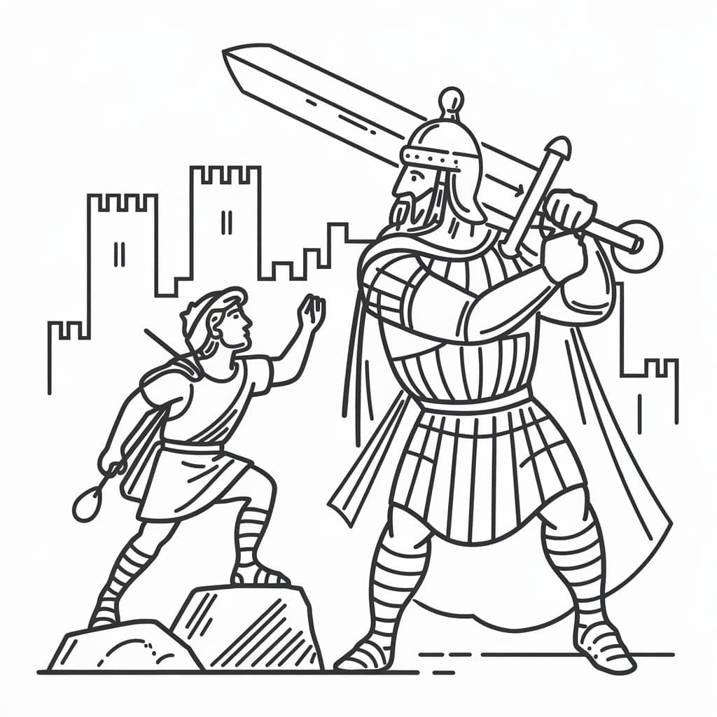Gratis utskrift av David og Goliat fargelegging