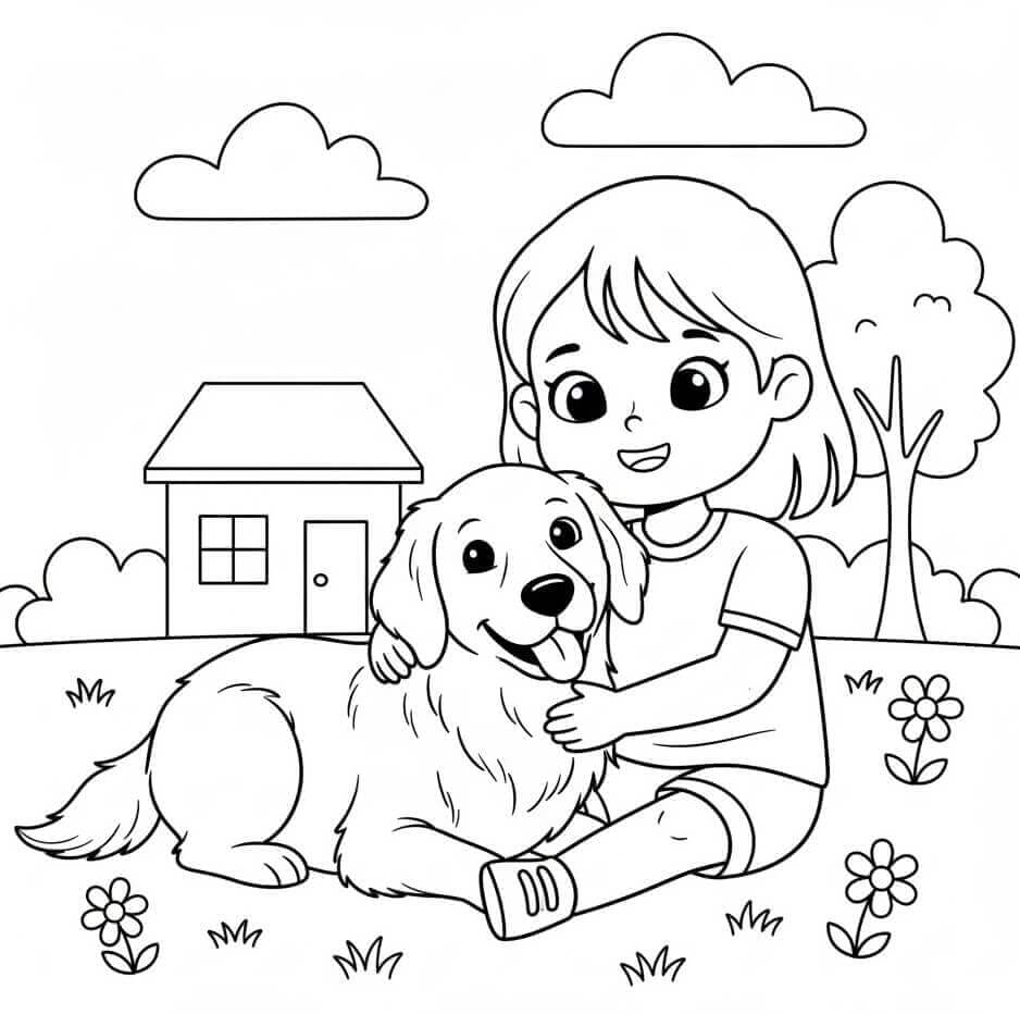 Jente og Golden Retriever fargelegging