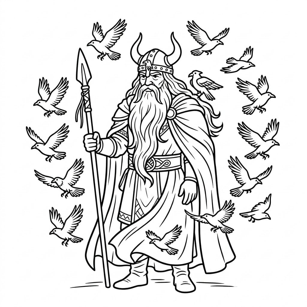 Odin og små ravner fargelegging