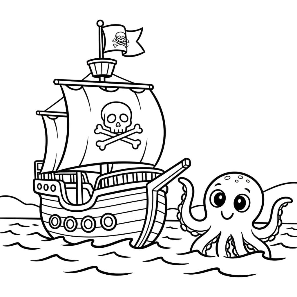 Piratskip med Bleksprut fargelegging