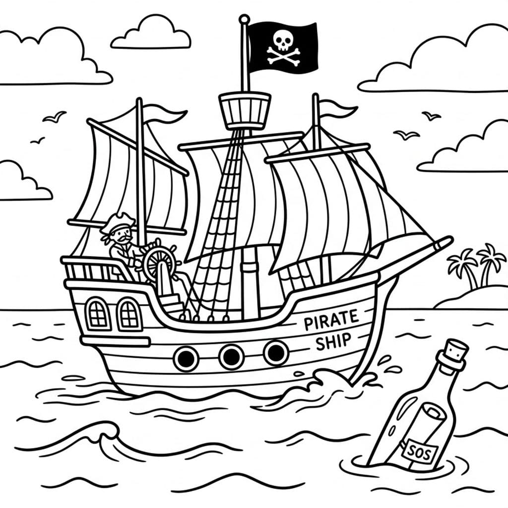 Piratskip med Flaskepost fargelegging