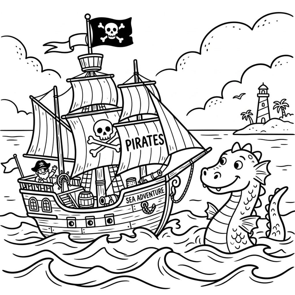 Piratskip med Sjømonster fargelegging